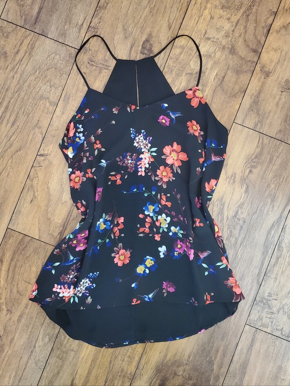Express Floral Hummingbird Cami Top Size Small Black Colorful Print